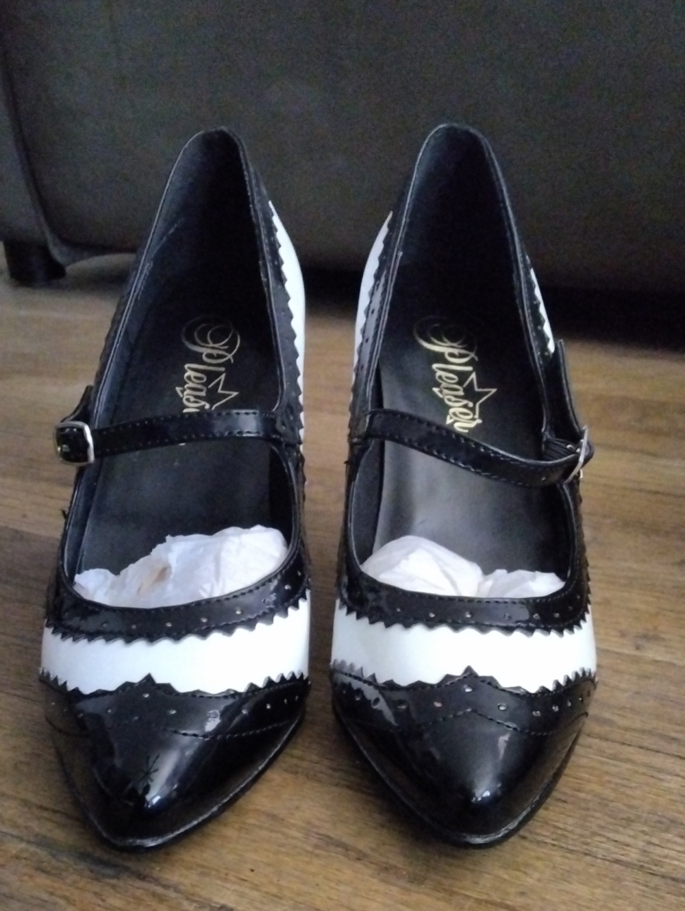Pleaser Black & White Patent Mary Jane Pointed Heels